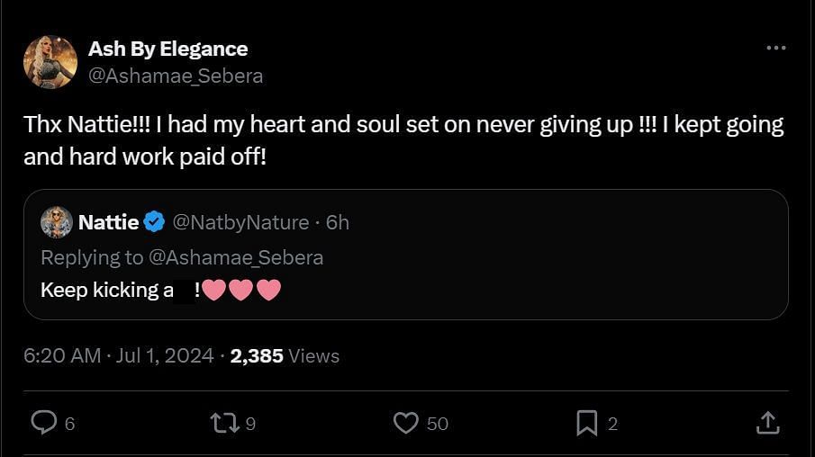 Tweet exchange between Nattie and Ash by Elegance (Credit: Ash's X/Twitter account)